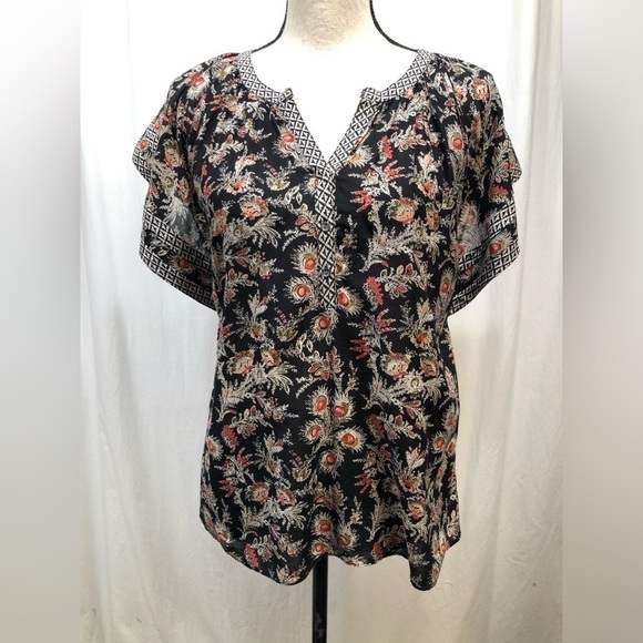 Joie Laurina Floral Red White Red Flutter Short Sleeve Top V-Neck Shirt Small - Picture 8 of 16